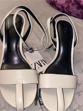 Zara White Leather T-Bar Slingback Sandals
